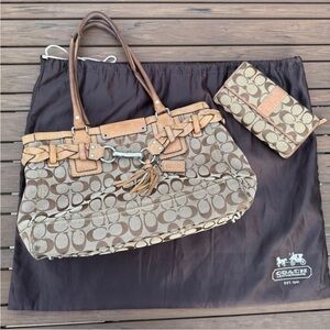 Coach Brown Signature Canvas Tote with Tan Leather Trim and Matching Wallet